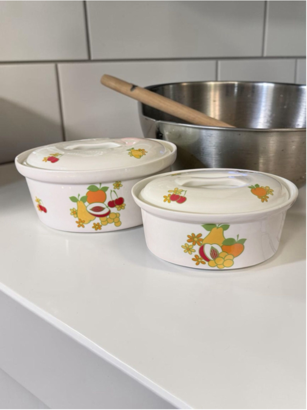 Vintage Cordon Bleu BIA France Lidded Casserole Set Fruit Pattern Stoneware 2pc